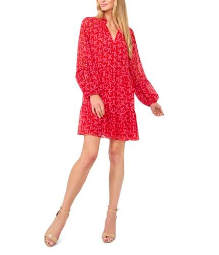 cece women's bow print long sleeve babydoll dress, scarlet glow