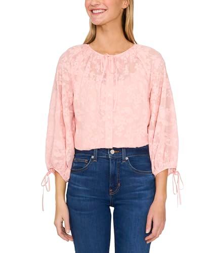 cece women's button up top w/puff sleeves & front tie, sugar peach
