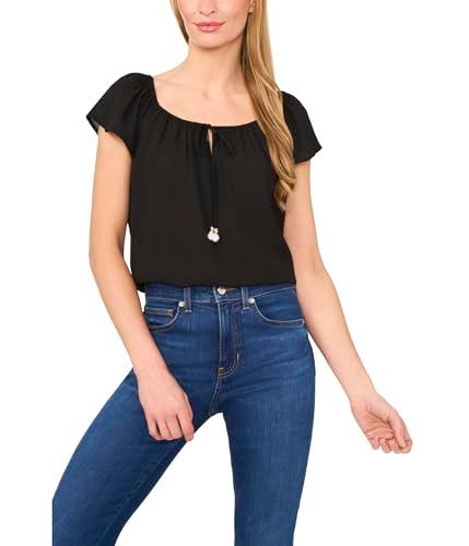 cece women's center front tie round neckline flutter sleeve top, rich black