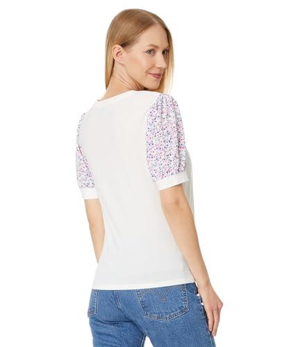 cece women's crew neck mixed media short sleeve top, new ivory