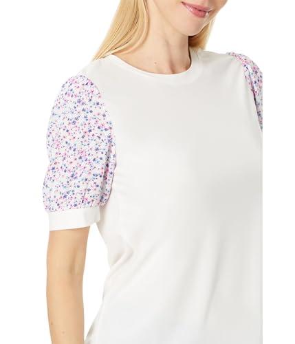 cece women's crew neck mixed media short sleeve top, new ivory