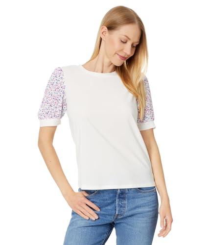 cece women's crew neck mixed media short sleeve top, new ivory