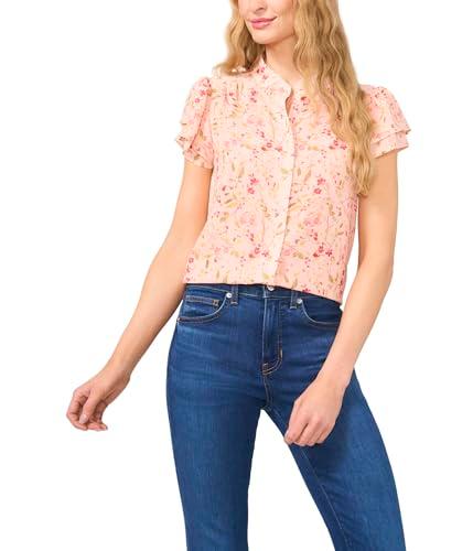 cece women's double flutter short sleeves hidden placket blouse, sugar peach