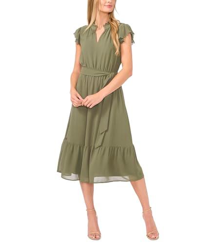 cece women's double ruffle scalloped sleeve midi dress, dark clover