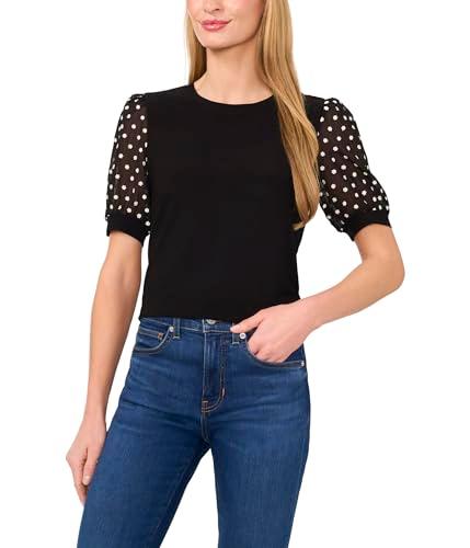 cece women's embroidery puff sleeve mixed media knit top, rich black