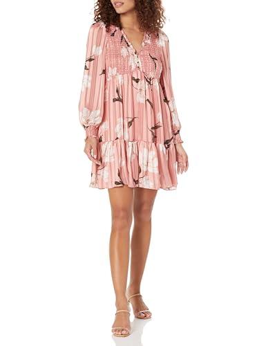 cece women's floral pintuck yoke smocked ruffle dress, romance pink