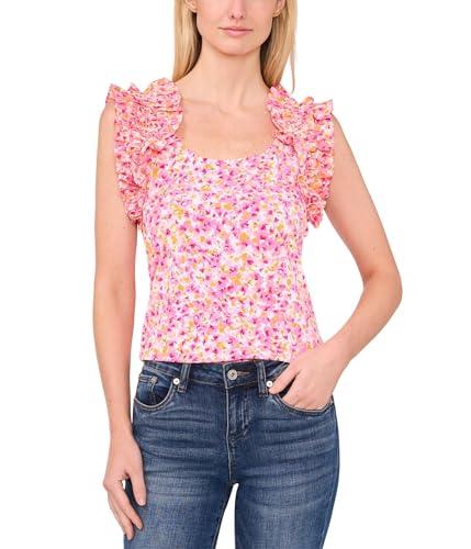 cece women's floral ruffle rib tank, new ivory