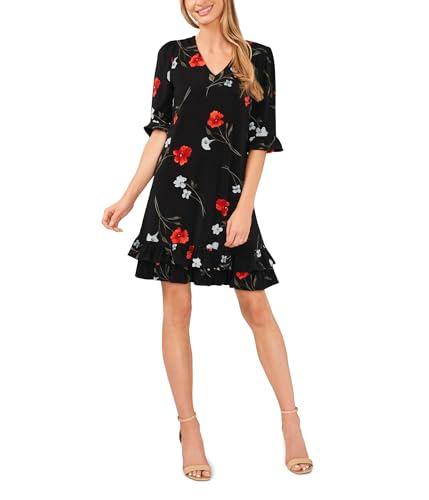 cece women's floral v-neck knit dress w/ruffle hem, rich black