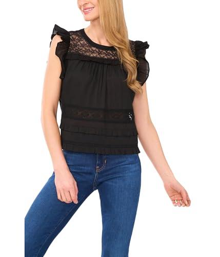 cece women's lace inset ruffle detail top, rich black
