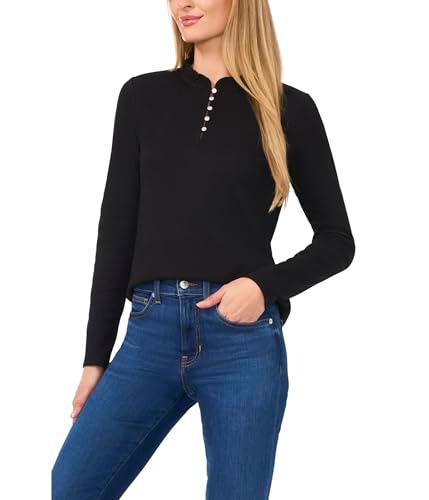 cece women's long sleeve rib knit half placket top, rich black