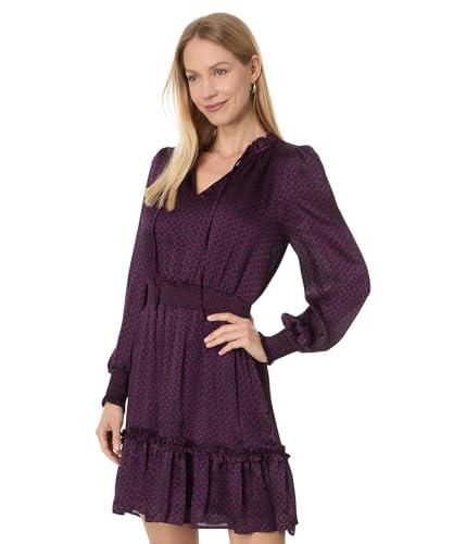 cece women's long sleeve tie neck short dress with smocked waist, pickled beet