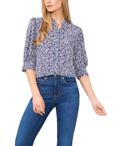 cece women's open collar short sleeve top with hidden placket, ocean blue