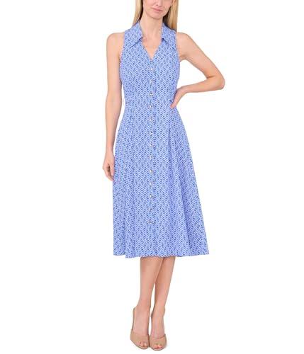cece women's printed sleeveless collared belted midi dress, tropic night