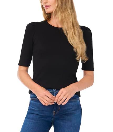 cece women's puff elbow sleeve round neck fitted top, rich black