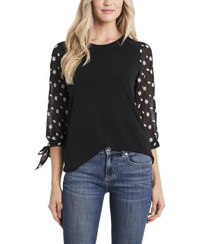 cece women's puff knit top w/floral embroidered sleeve, rich black