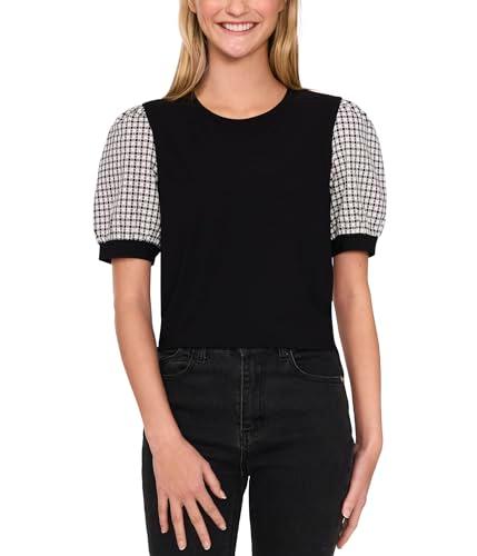 cece women's puff short sleeves mix media top, rich black