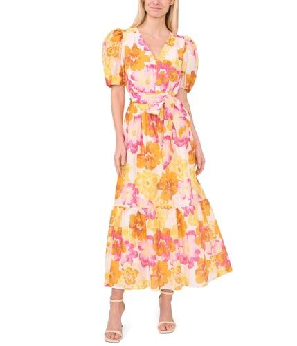 cece women's puff sleeve maxi dress with waist tie, radiant yellow