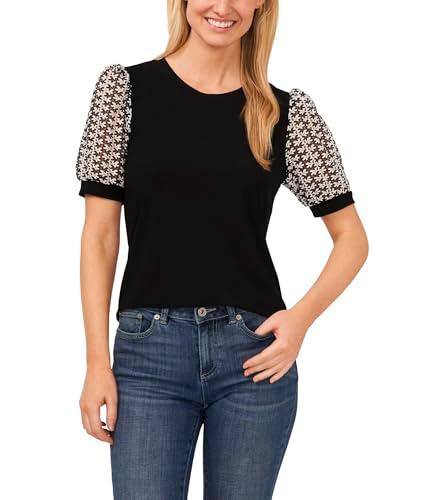 cece women's puff sleeve mix media knit top, rich black