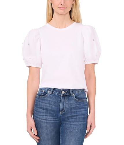 cece women's rhinestone embellished puff sleeve knit top, ultra white