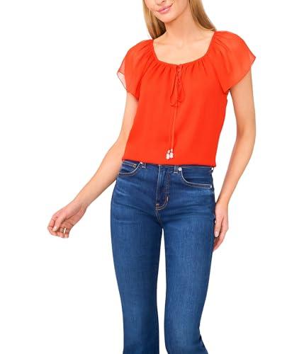 cece women's round neckline flutter slv top, fiery red