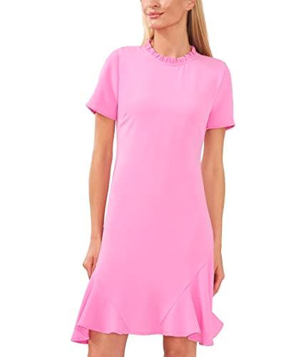 cece women's ruffle neck godet dress, bright peony