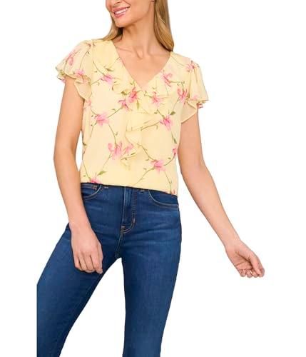 cece women's ruffle v-neck flutter sleeves flowy top, lemon drop