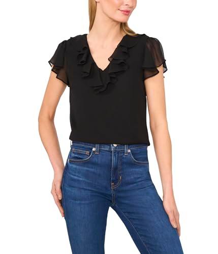 cece women's ruffled v neck top, rich black