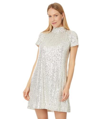 cece women's s/s mock nk sequin a-line dress w/back bow 246, champagne