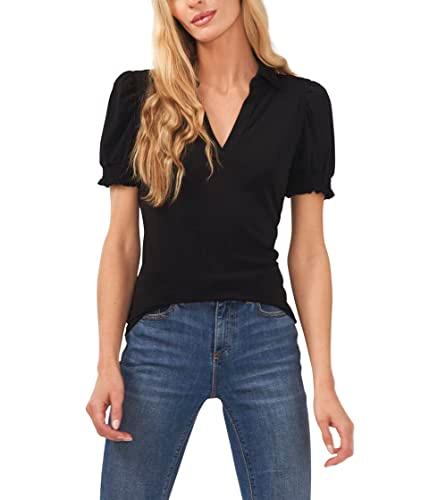 cece women's short sleeve split-neck collared top, rich black