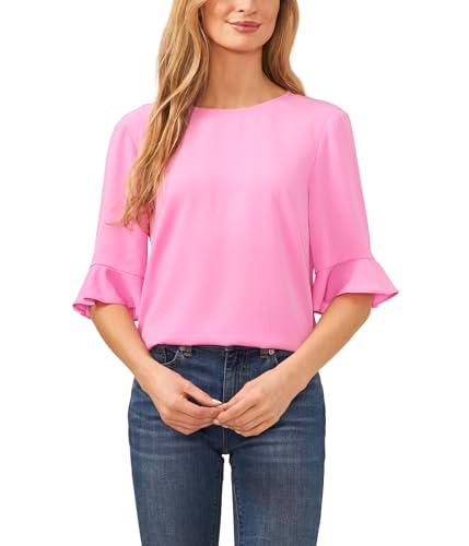 cece women's short sleeves ruffle cuff crew neck blouse, bright peony