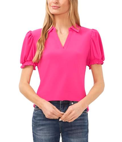 cece women's short sleeves split neck collared top, bright rose