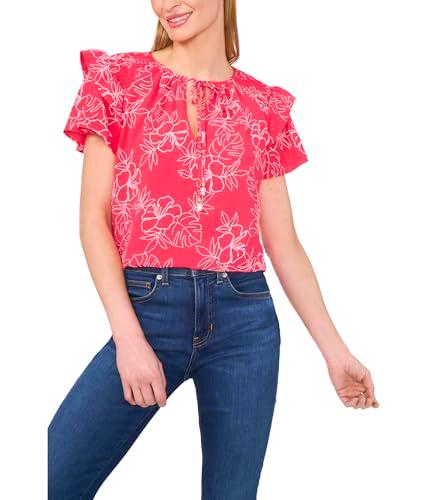 cece women's shoulder smocking ruffle sleeve tie top, magenta