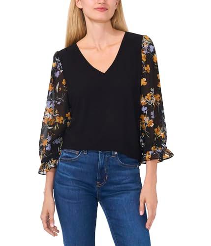 cece women's v neck mix media 3/4 sleeve top, rich black