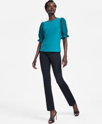 cece womens mixed media puff sleeve top slim leg bootcut pants