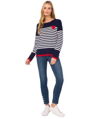 cece womens sailor stripe heart trim sweater imitation pearl trim skinny jeans