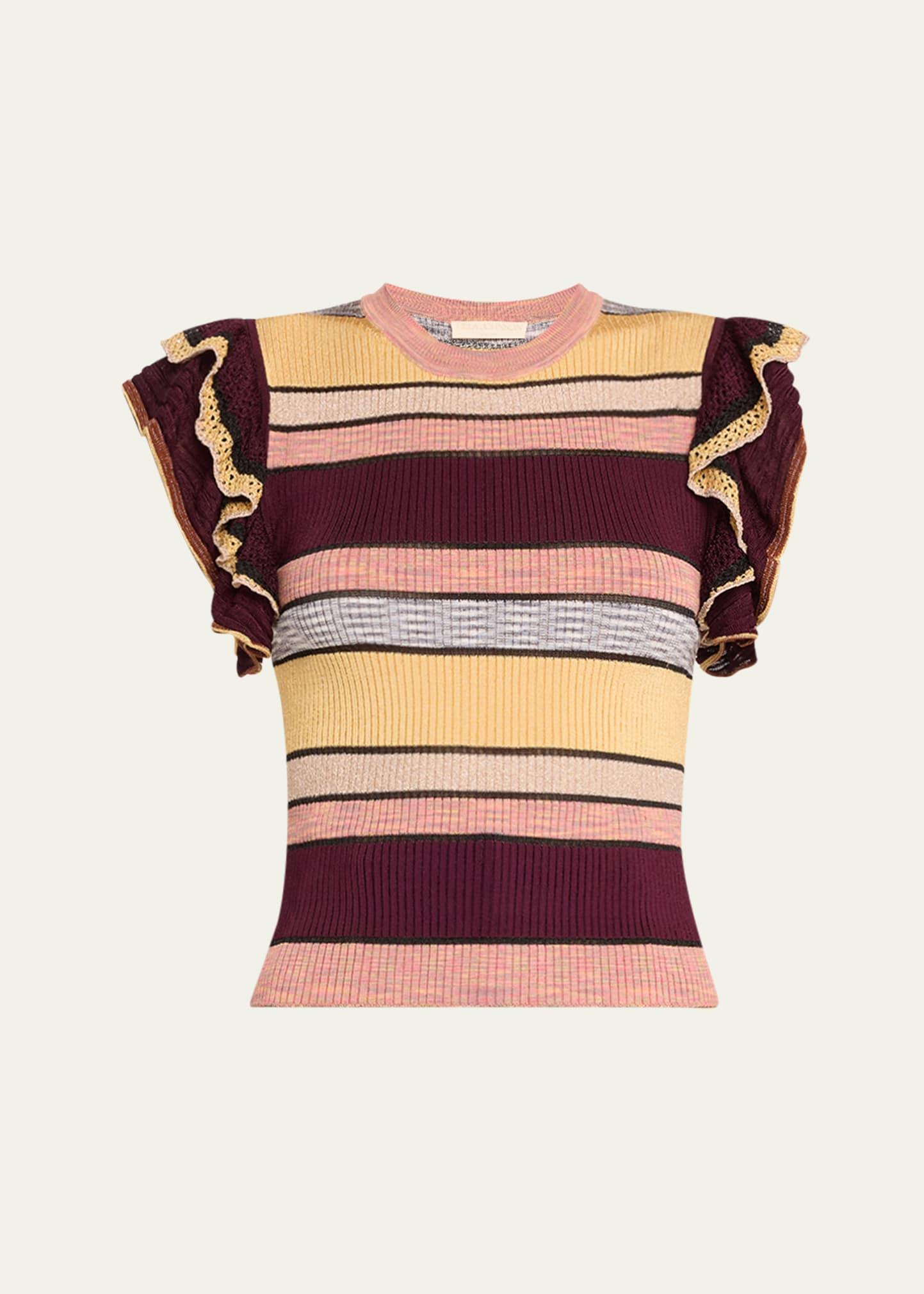 cecile striped ruffle rib knit top
