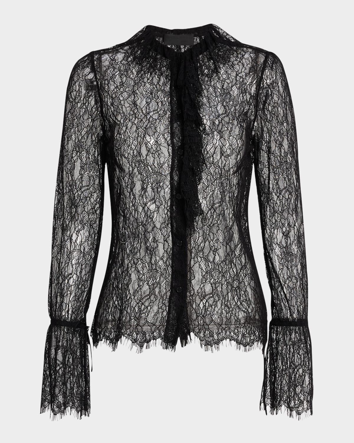 cecily lace ruffle front flounce sleeve blouse