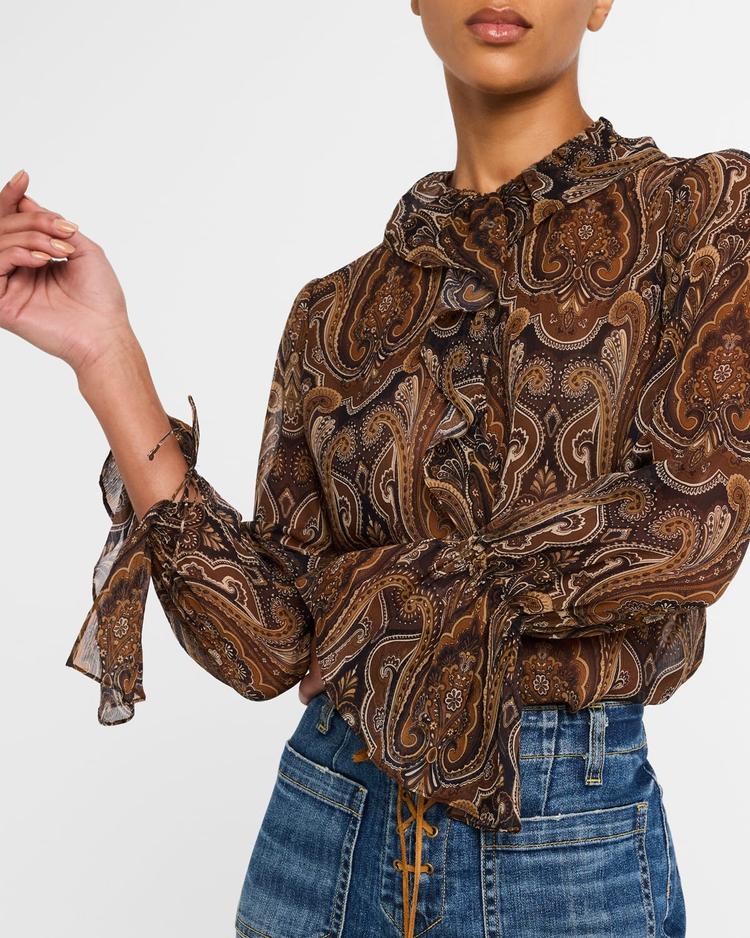 cecily paisley print ruffled silk blouse