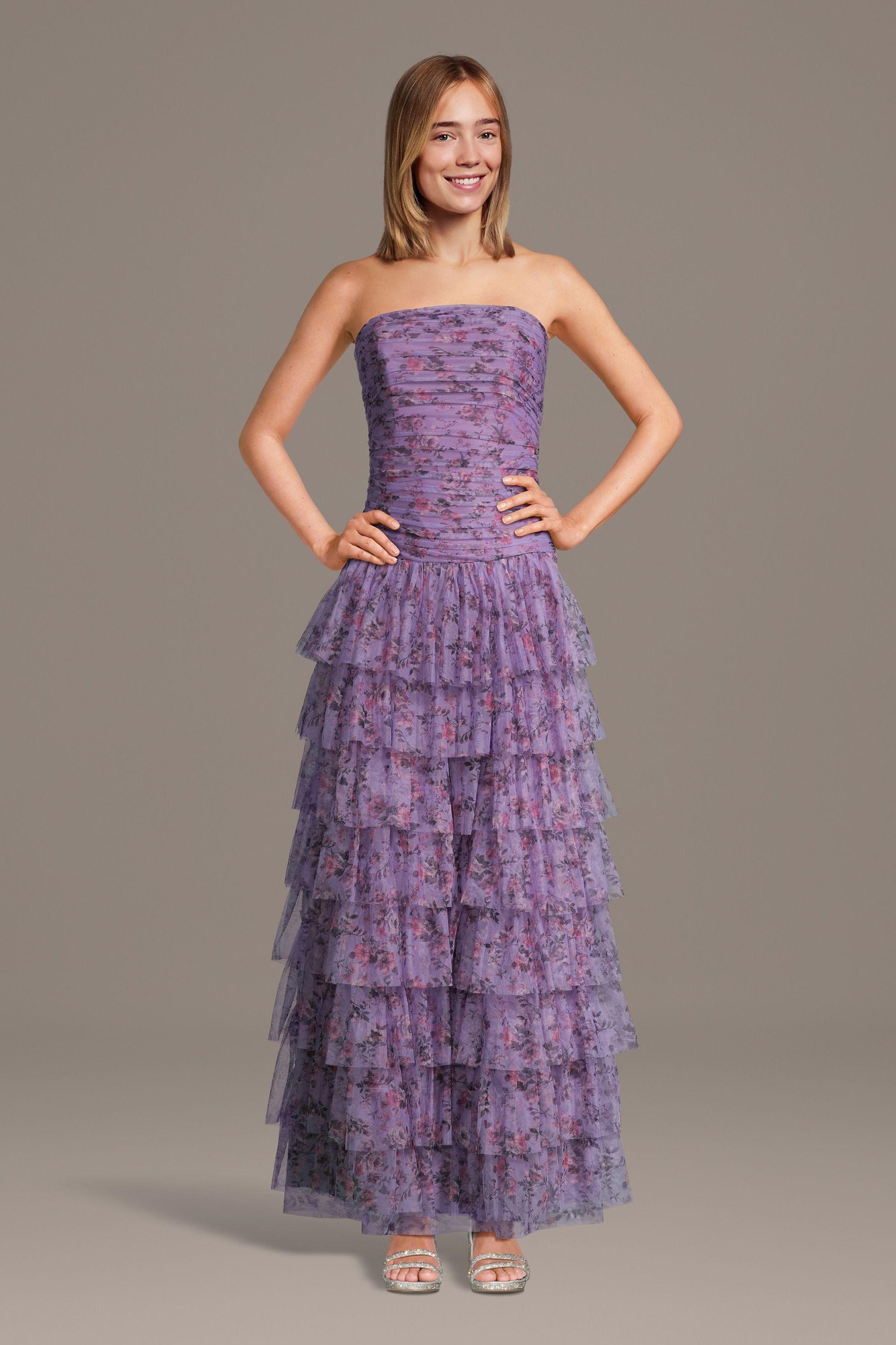 celebrate db studio tiered net strapless drop waist floral print dress in purple floral print size: 26 david's bridal