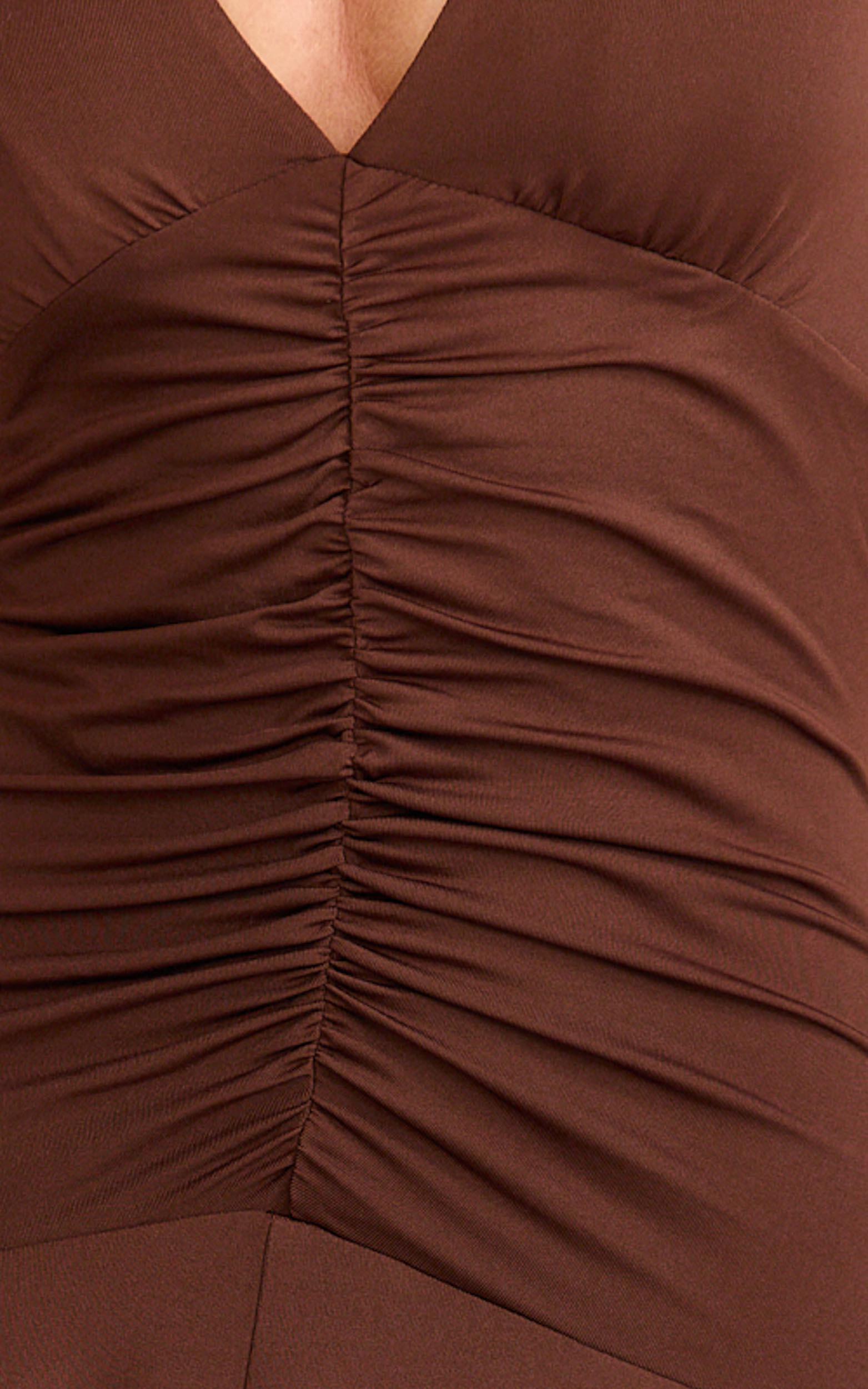 celeste maxi dress - gathered bodice dropped waist halter dress in chocolate