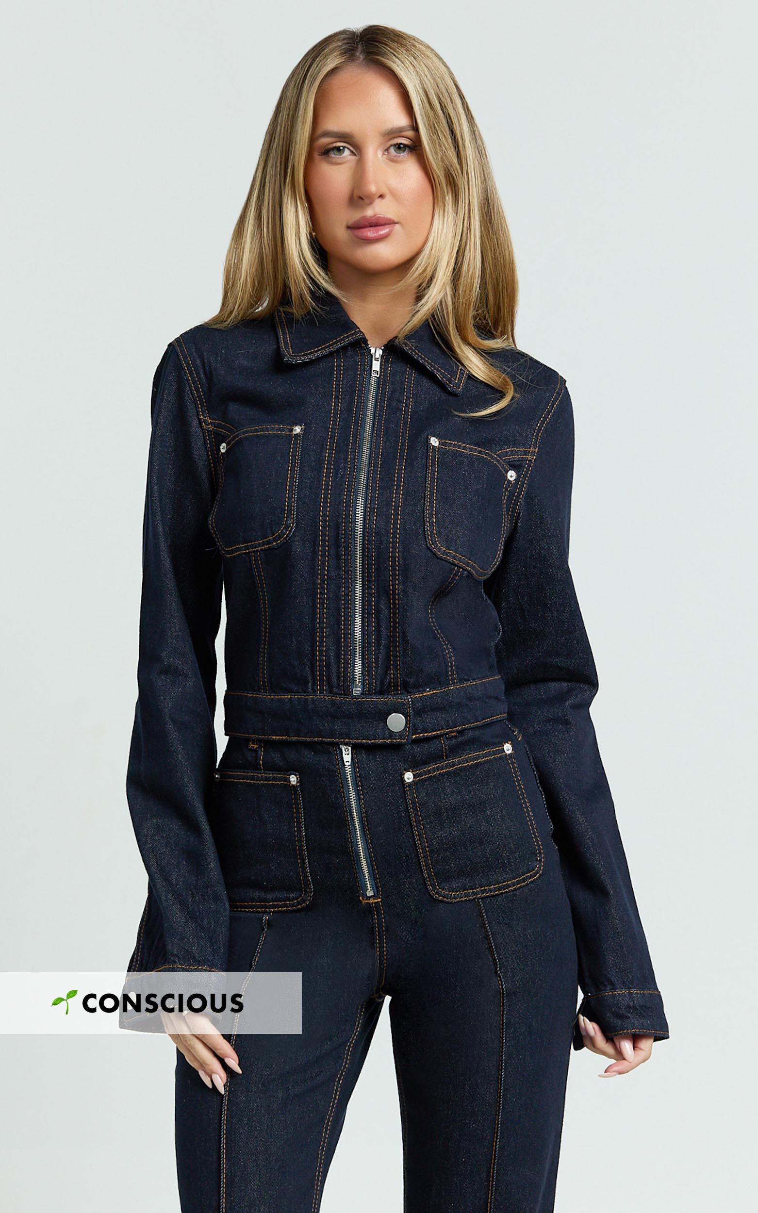 celia jacket - collared zip front crop fitted jacket in dark blue wash