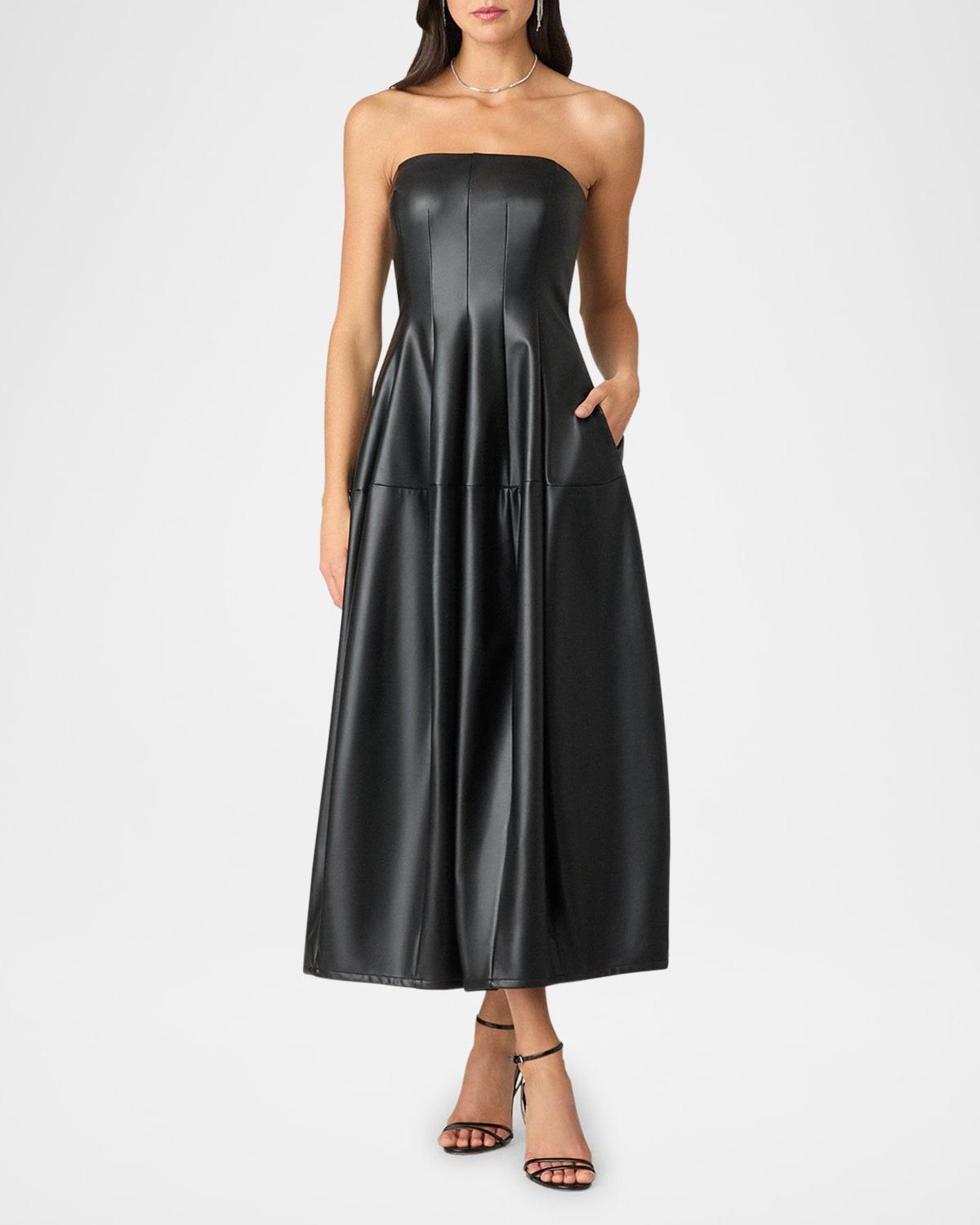 celia strapless faux leather midi dress