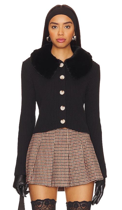 central park west delilah faux fur collar cardigan in black.