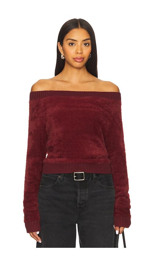central park west eyelash off shoulder sweater in burgundy.