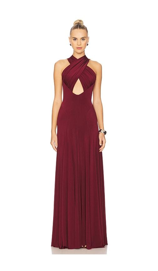 ceren ocak draped jersey dress in burgundy.