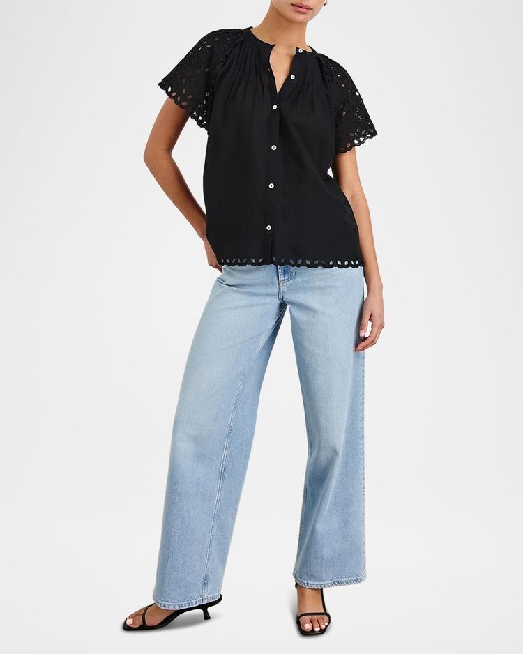 cerise eyelet flutter-sleeve blouse