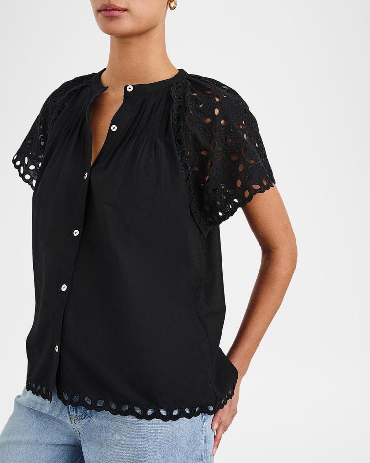 cerise eyelet flutter-sleeve blouse