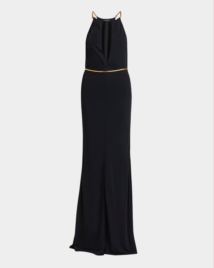 chain cutout sable jersey halter evening dress