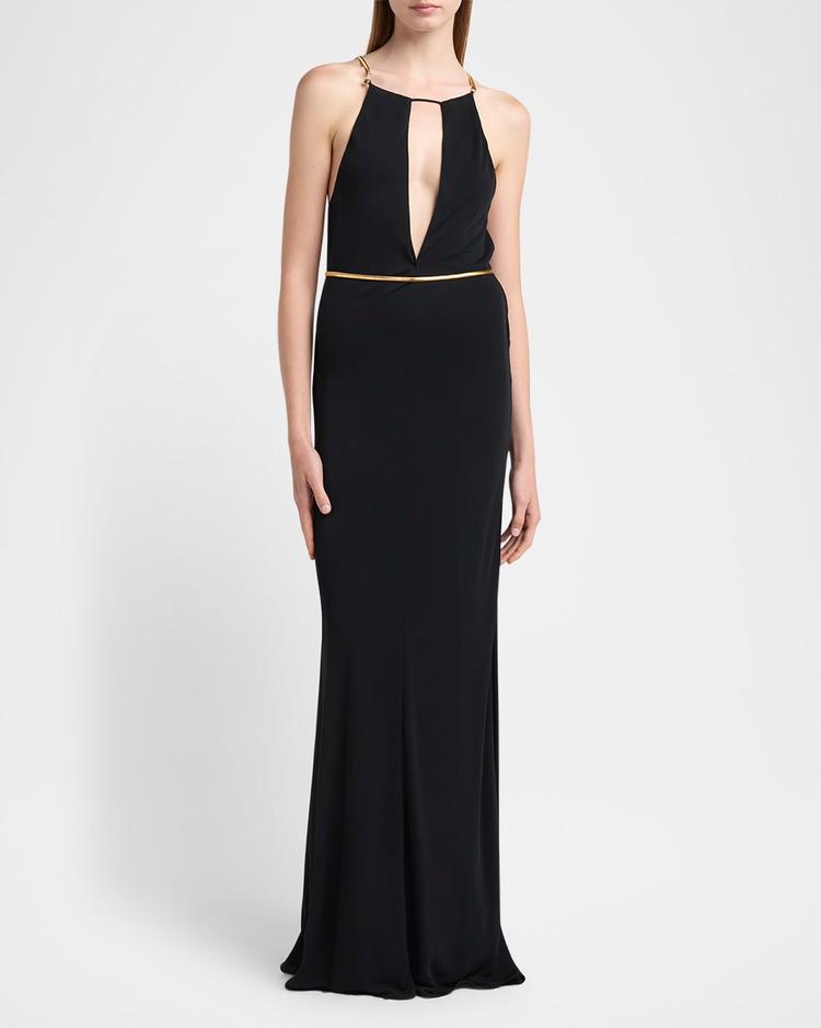 chain cutout sable jersey halter evening dress
