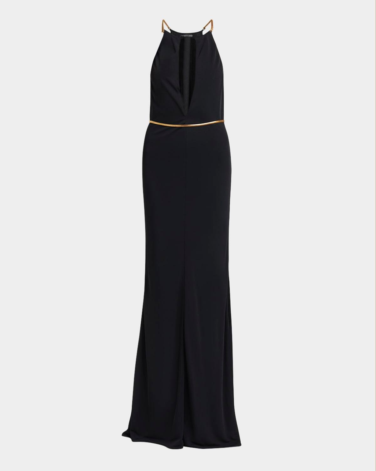 chain cutout sable jersey halter evening dress